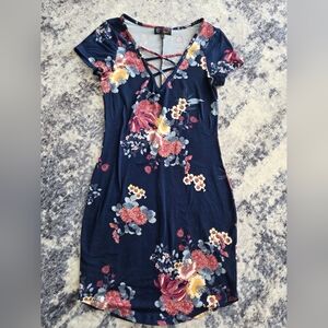 Navy Floral Mini Dress with Cross-Front Detail